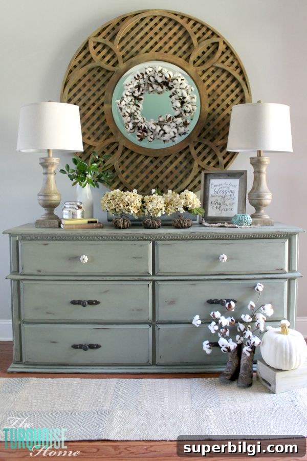 Stylish Neutral Fall Vignette Ideas for Cozy Home Decor 2 The temps are cooling down and it's time to break out the sweaters and the boots. Love this neutral fall vignette! (and a Come Thou Fount free printable) | Details and Printable at TheTurquoiseHome.com