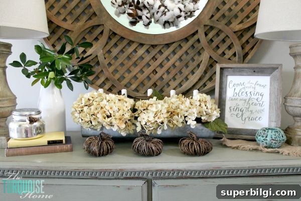 Stylish Neutral Fall Vignette Ideas for Cozy Home Decor 4 The temps are cooling down and it's time to break out the sweaters and the boots. Love this neutral fall vignette! (and a Come Thou Fount free printable) | Details and Printable at TheTurquoiseHome.com