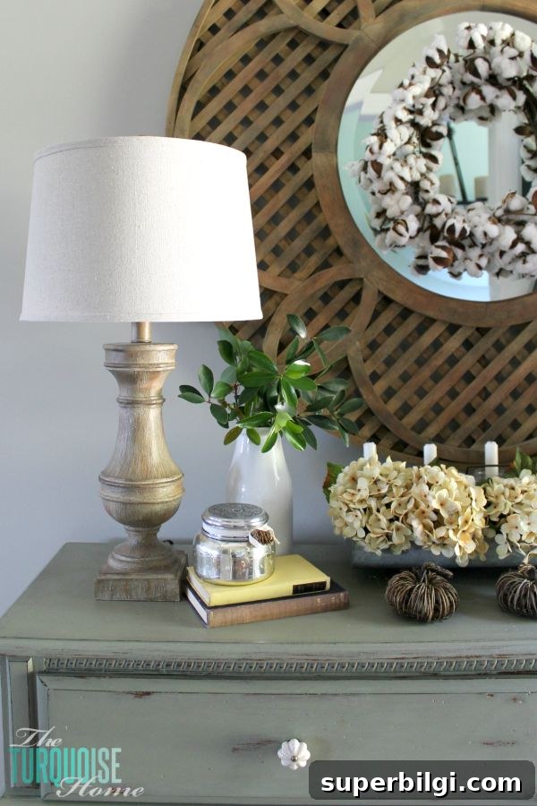 Stylish Neutral Fall Vignette Ideas for Cozy Home Decor 5 The temps are cooling down and it's time to break out the sweaters and the boots. Love this neutral fall vignette! (and a Come Thou Fount free printable) | Details and Printable at TheTurquoiseHome.com