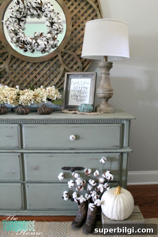 Stylish Neutral Fall Vignette Ideas for Cozy Home Decor 6 The temps are cooling down and it's time to break out the sweaters and the boots. Love this neutral fall vignette! (and a Come Thou Fount free printable) | Details and Printable at TheTurquoiseHome.com