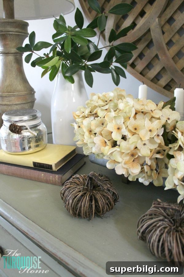 Stylish Neutral Fall Vignette Ideas for Cozy Home Decor 7 The temps are cooling down and it's time to break out the sweaters and the boots. Love this neutral fall vignette! (and a Come Thou Fount free printable) | Details and Printable at TheTurquoiseHome.com