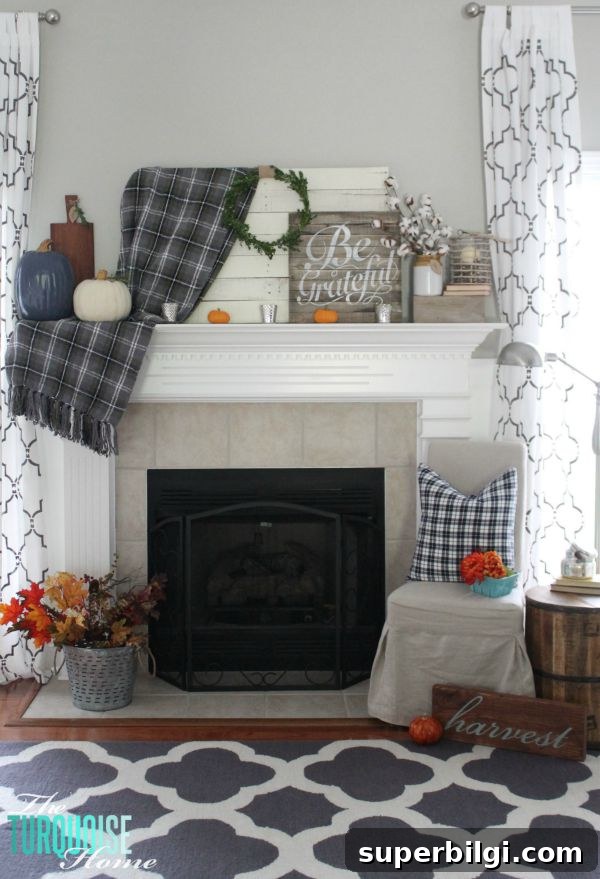 Grateful Fall Mantel Decor Ideas 2 Plaids, neutrals and a few pops of autumnal color bring this message of gratitude home. I love the sweet reminder to be grateful this season - and always! | Grateful Fall Mantel | Details at TheTurquoiseHome.com