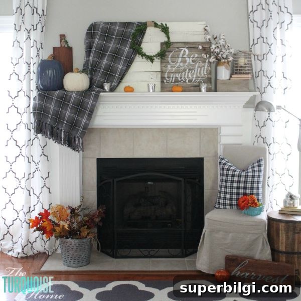 Grateful Fall Mantel Decor Ideas 9 Plaids, neutrals and a few pops of autumnal color bring this message of gratitude home. I love the sweet reminder to be grateful this season - and always! | Grateful Fall Mantel | Details at TheTurquoiseHome.com