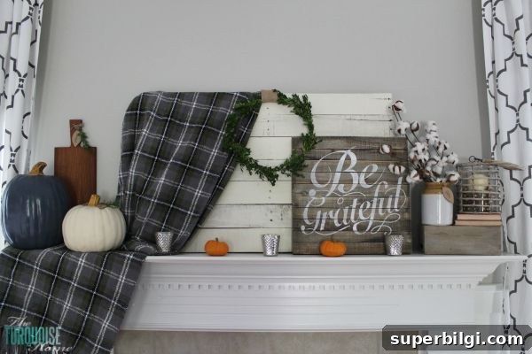 Grateful Fall Mantel Decor Ideas 4 Plaids, neutrals and a few pops of autumnal color bring this message of gratitude home. I love the sweet reminder to be grateful this season - and always! | Grateful Fall Mantel | Details at TheTurquoiseHome.com