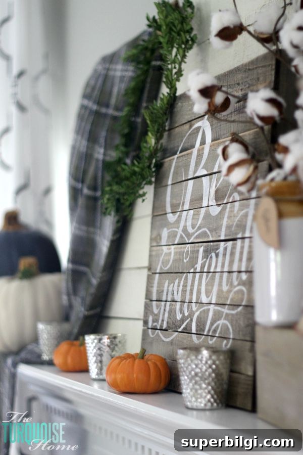 Grateful Fall Mantel Decor Ideas 5 Plaids, neutrals and a few pops of autumnal color bring this message of gratitude home. I love the sweet reminder to be grateful this season - and always! | Grateful Fall Mantel | Details at TheTurquoiseHome.com