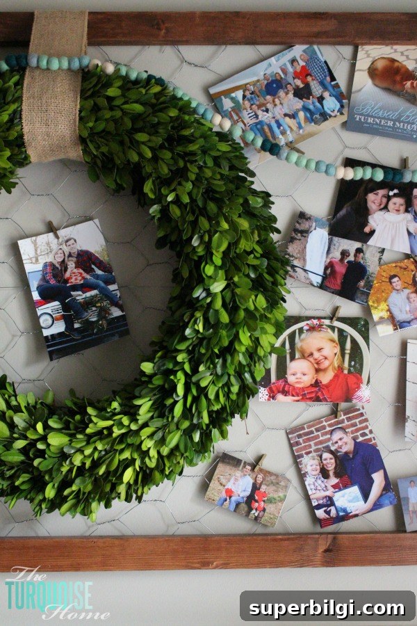 Affordable DIY Christmas Decor Ideas 18 Boxwood Wreath on Framed Chickenwire Christmas Card Holder