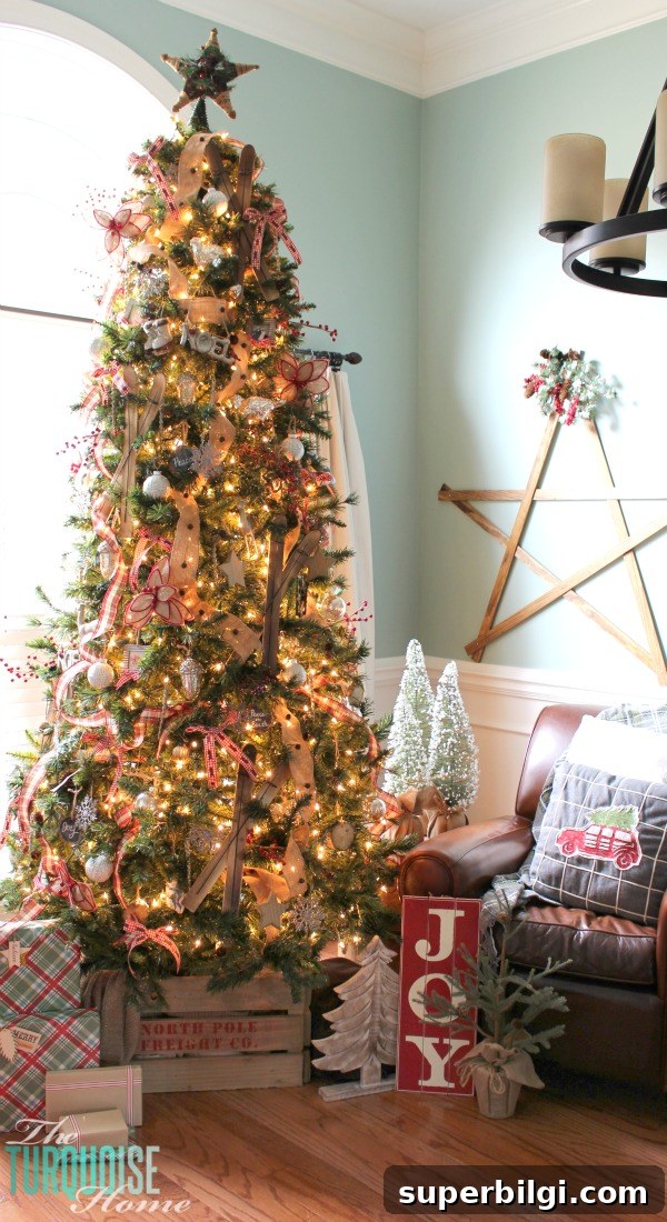 Rustic Plaid and Burlap Christmas Tree Decor 2 A Country Plaid and Burlap Christmas Tree with burlap, plaid and buffalo check! | All the details at TheTurquoiseHome.com