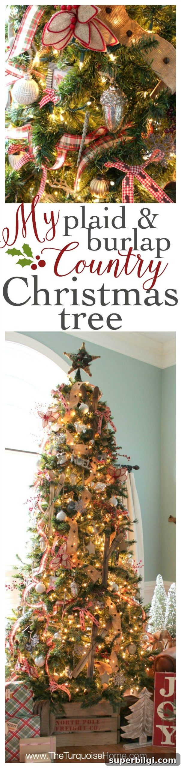 Rustic Plaid and Burlap Christmas Tree Decor 9 A Country Plaid and Burlap Christmas Tree with burlap, plaid and buffalo check! | All the details at TheTurquoiseHome.com