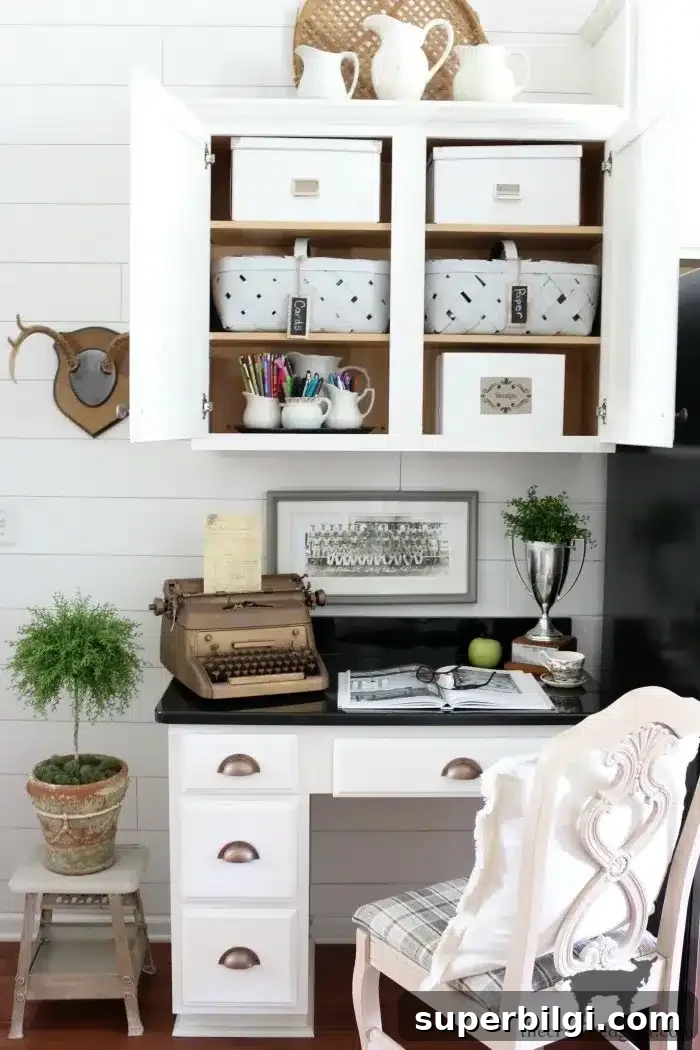 10 Family Command Center Ideas to Organize Your Home 10 kitchen desk with cabinets overhead.
