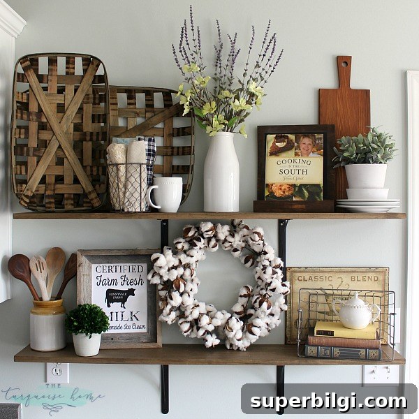 How to Style Farmhouse Kitchen Open Shelves 4 LOVE these tips for styling shelves. These $40 DIY shelves were transformed with some old and new farmhouse decor. | TheTurquoiseHome.com