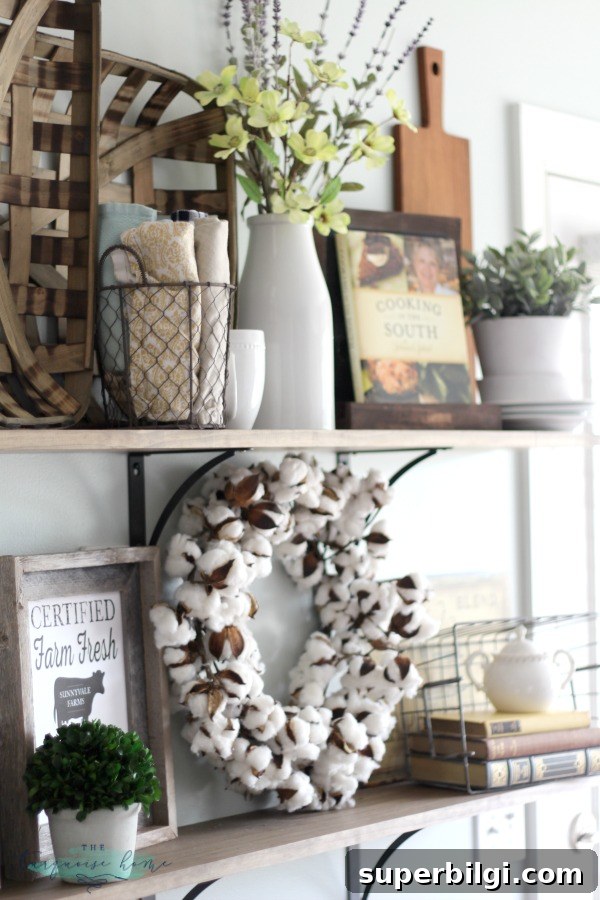 How to Style Farmhouse Kitchen Open Shelves 6 LOVE these tips for styling shelves. These $40 DIY shelves were transformed with some old and new farmhouse decor. | TheTurquoiseHome.com