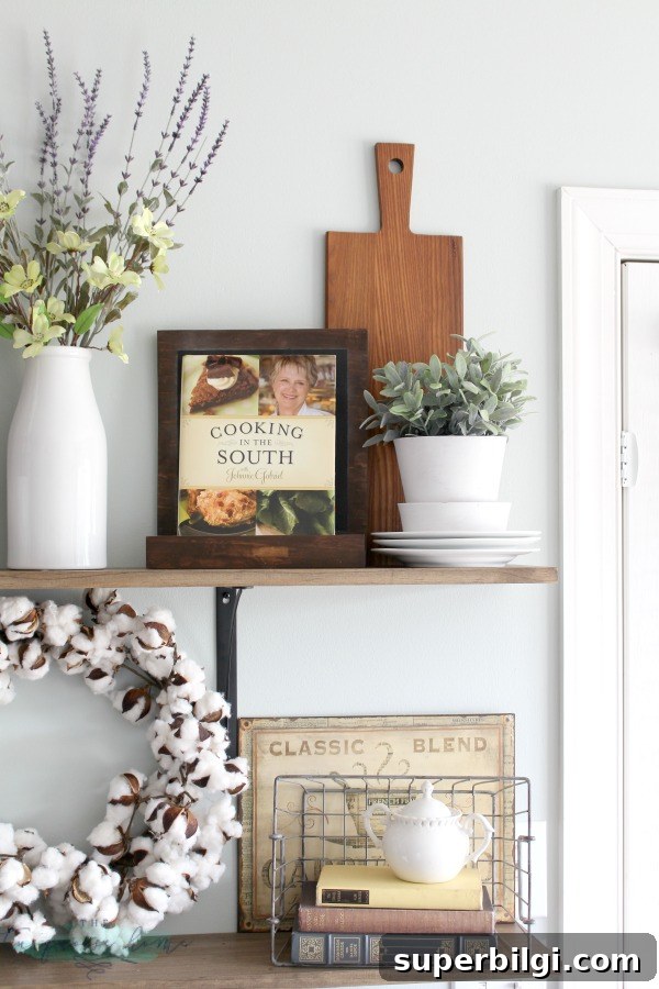 How to Style Farmhouse Kitchen Open Shelves 8 LOVE these tips for styling shelves. These $40 DIY shelves were transformed with some old and new farmhouse decor. | TheTurquoiseHome.com
