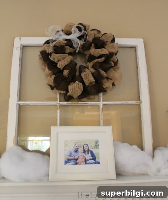 2013 Winter Mantel Decor Inspiration 4 Burlap Wreath on Winter Mantel