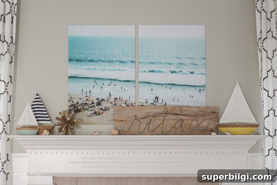 Such cute DIY projects, like the rope sign and the cheap large art! Relaxing at the Beach | Summer Mantel 2016 