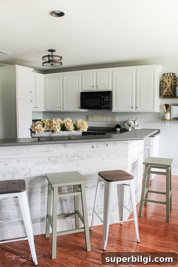 LOVE this beautiful transformation!! Weathered Reclaimed Kitchen Bar
