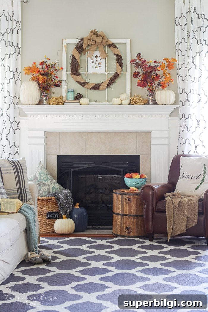 Natural Rustic Fall Mantel Decor Ideas 12 Cozy and rustic living room dressed up for fall!