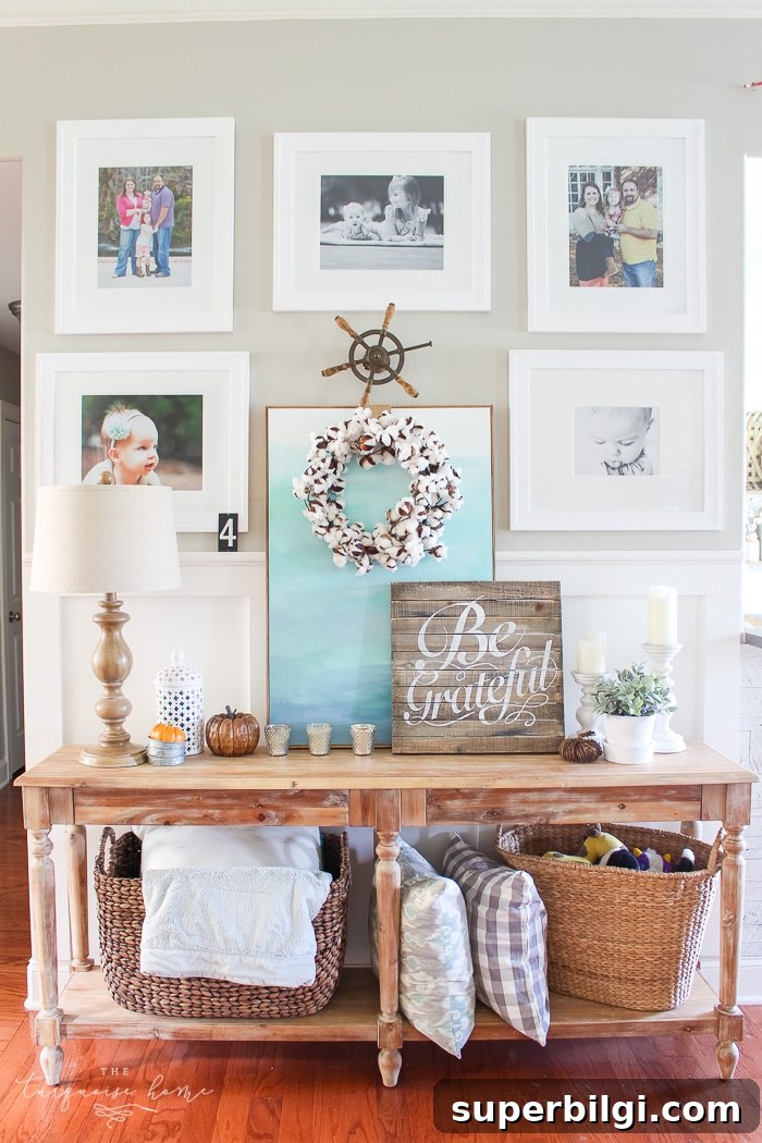 Natural Rustic Fall Mantel Decor Ideas 14 A cozy console table and gallery wall decked out for fall in simple, turquoise and wood toned elements