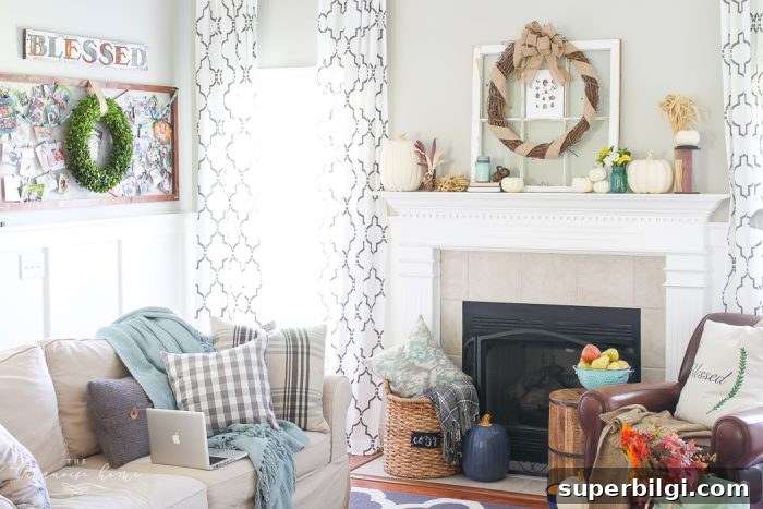 Natural Rustic Fall Mantel Decor Ideas 5 Cozy and rustic living room dressed up for fall!