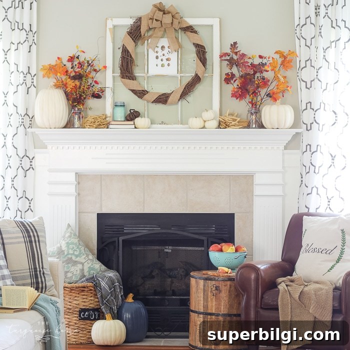 Natural Rustic Fall Mantel Decor Ideas 6 Cozy and rustic living room dressed up for fall!