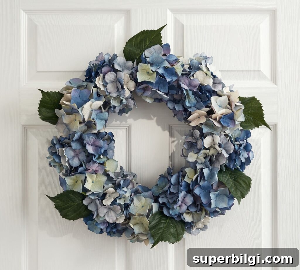 DIY Fall Hydrangea Wreath with Faux Stems 12 faux blue hydrangea wreath