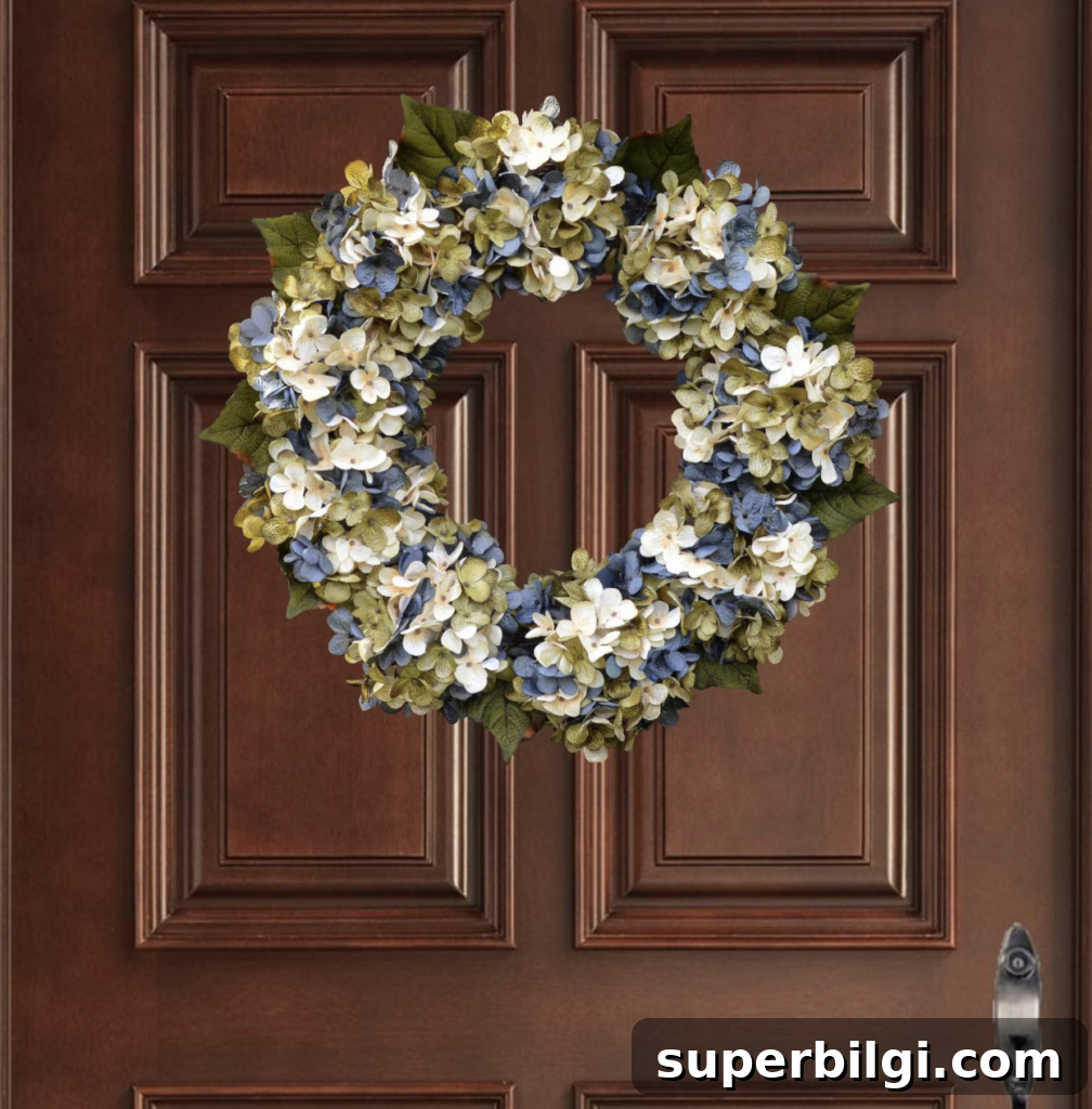 DIY Fall Hydrangea Wreath with Faux Stems 16 blue, green and white hydrangea wreath