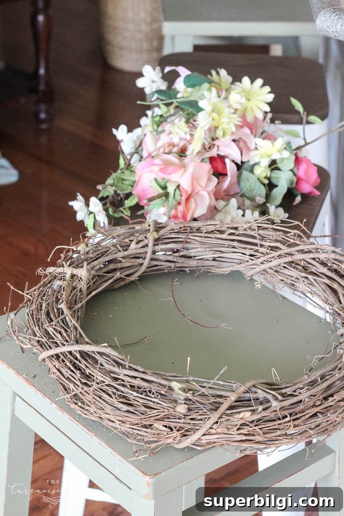 DIY Fall Hydrangea Wreath with Faux Stems 5 Use a new or recycled grapevine wreath for your DIY fall wreath. I recycled an old wreath from my wedding.