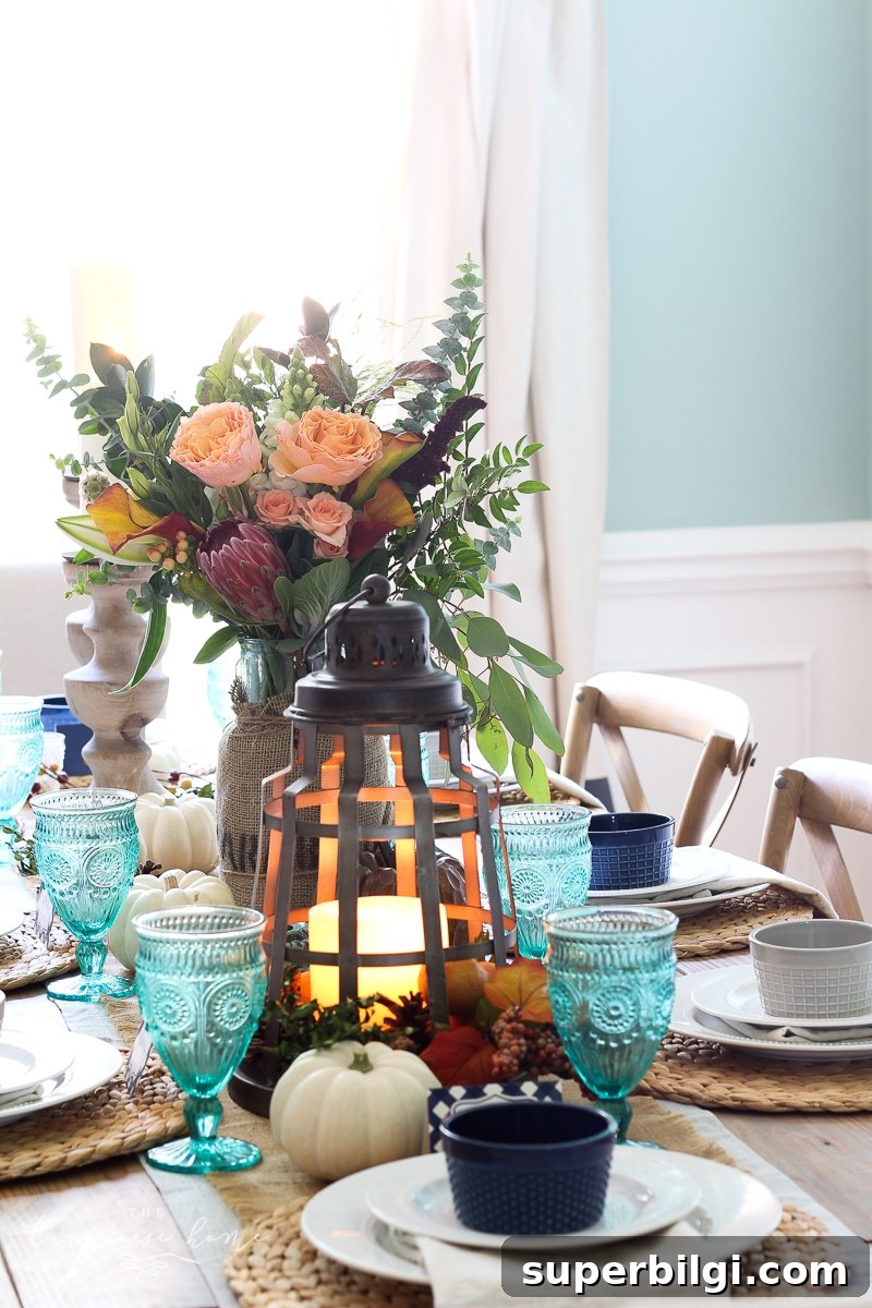 Autumn Tablescape with Farmgirl Flowers 9 Lantern, Candles and Farmgirl Flowers Fall Tablescape