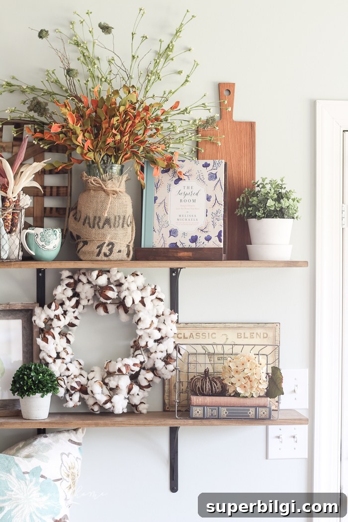 You don't have to have a huge storage room for seasonal decor! Just change out a few pieces here and there!! | How to Decorate Simply For Every Season | Fall Farmhouse Kitchen Shelves