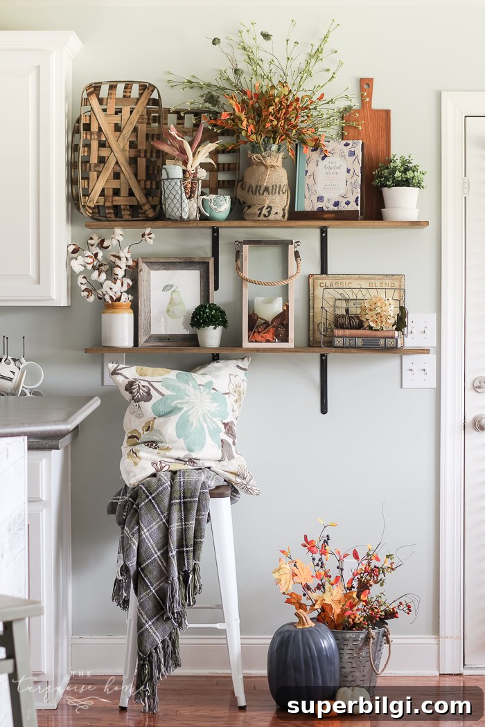 You don't have to have a huge storage room for seasonal decor! Just change out a few pieces here and there!! | How to Decorate Simply For Every Season | Fall Farmhouse Kitchen Shelves
