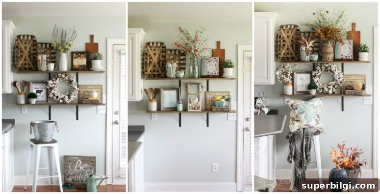 You don't have to have a huge storage room for seasonal decor! Just change out a few pieces here and there!! | How to Decorate Simply For Every Season | Fall Farmhouse Kitchen Shelves