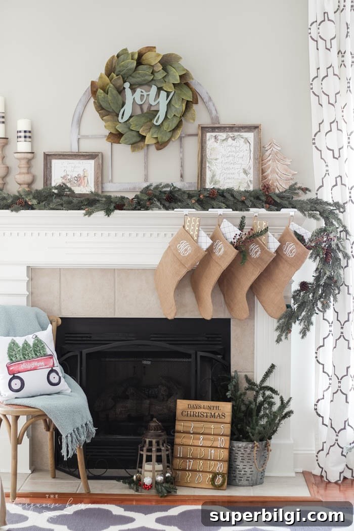 Magnolia wreath on mantel with navy accents