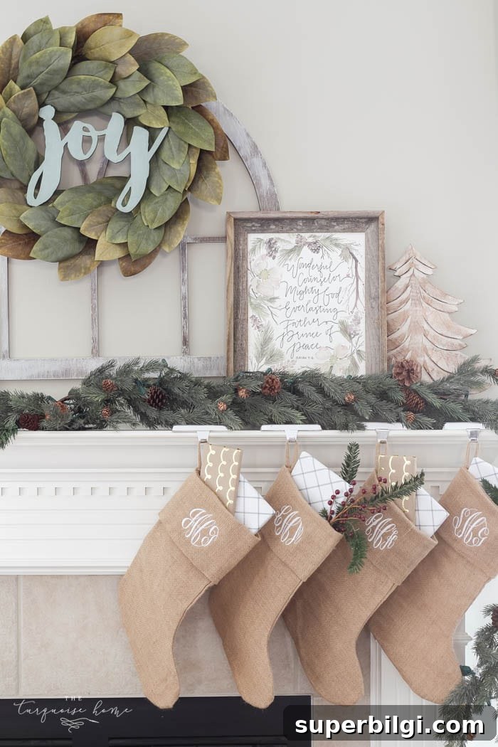 Close-up of magnolia wreath mantel decor