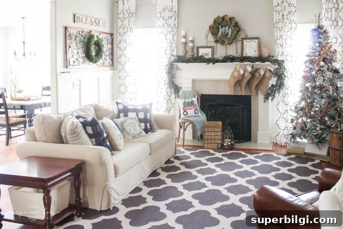 Living room mantel with plaid ribbon and pillows