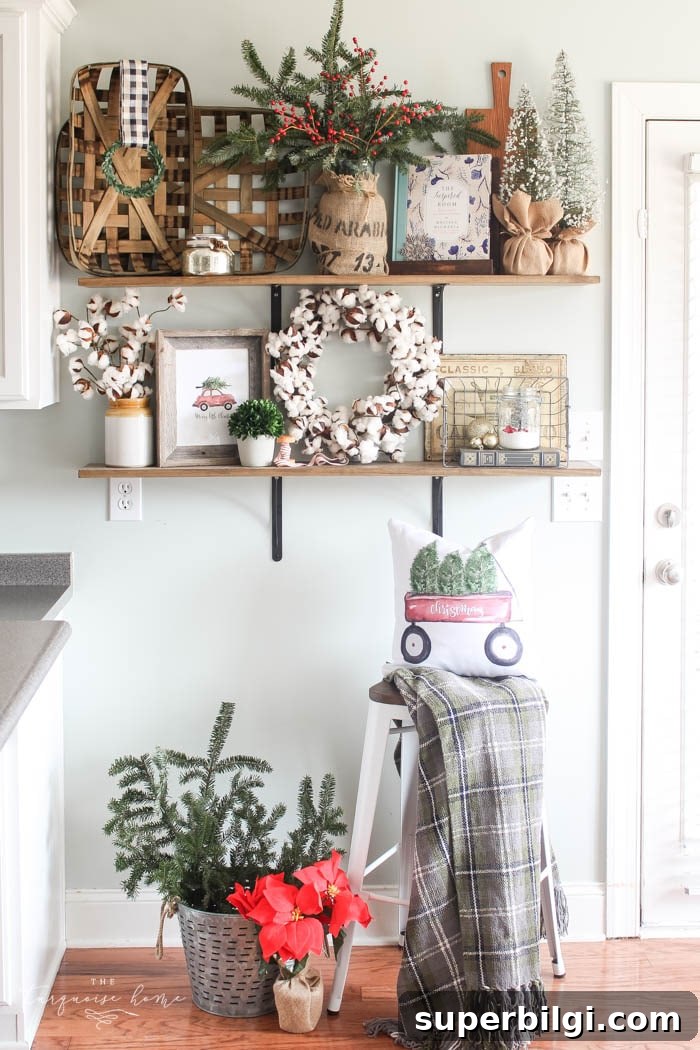 Gorgeous farmhouse shelves all decorated for Christmas and Kitchen Decor with DIY Christmas Kitchen Wreaths!