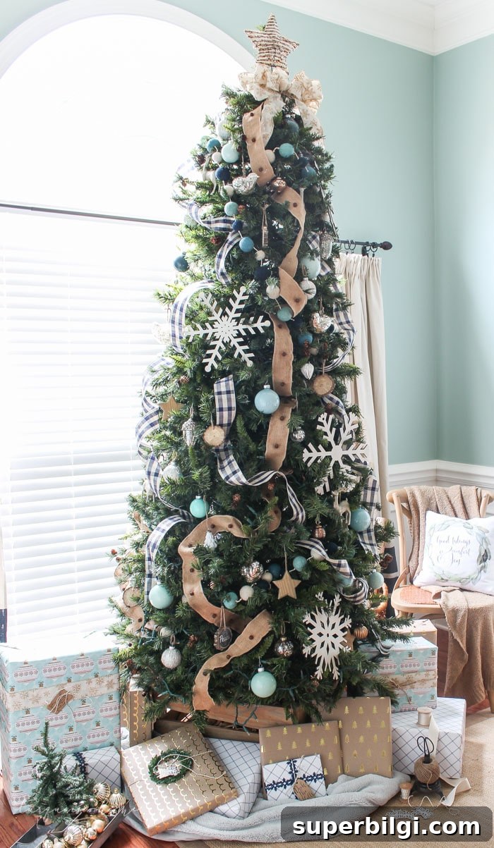 Navy Turquoise Christmas Tree Styled with Buffalo Check Ribbon 2 Navy Buffalo Check and Turquoise Christmas Tree