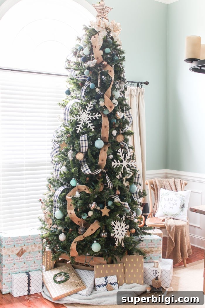 Navy Turquoise Christmas Tree Styled with Buffalo Check Ribbon 11 Navy Buffalo Check and Turquoise Christmas Tree
