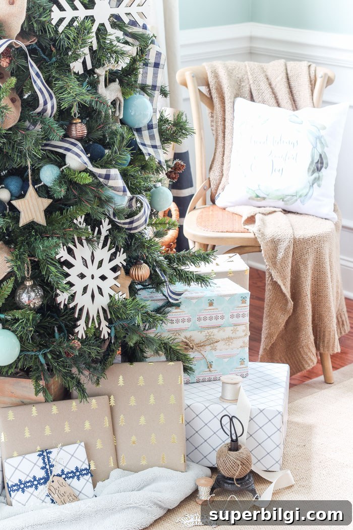 Navy Turquoise Christmas Tree Styled with Buffalo Check Ribbon 3 Navy Buffalo Check and Turquoise Christmas Tree