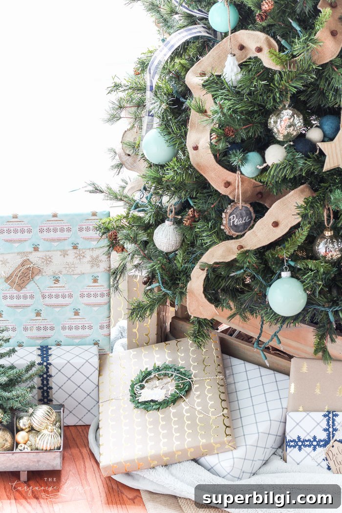 Navy Turquoise Christmas Tree Styled with Buffalo Check Ribbon 7 Navy Buffalo Check and Turquoise Christmas Tree