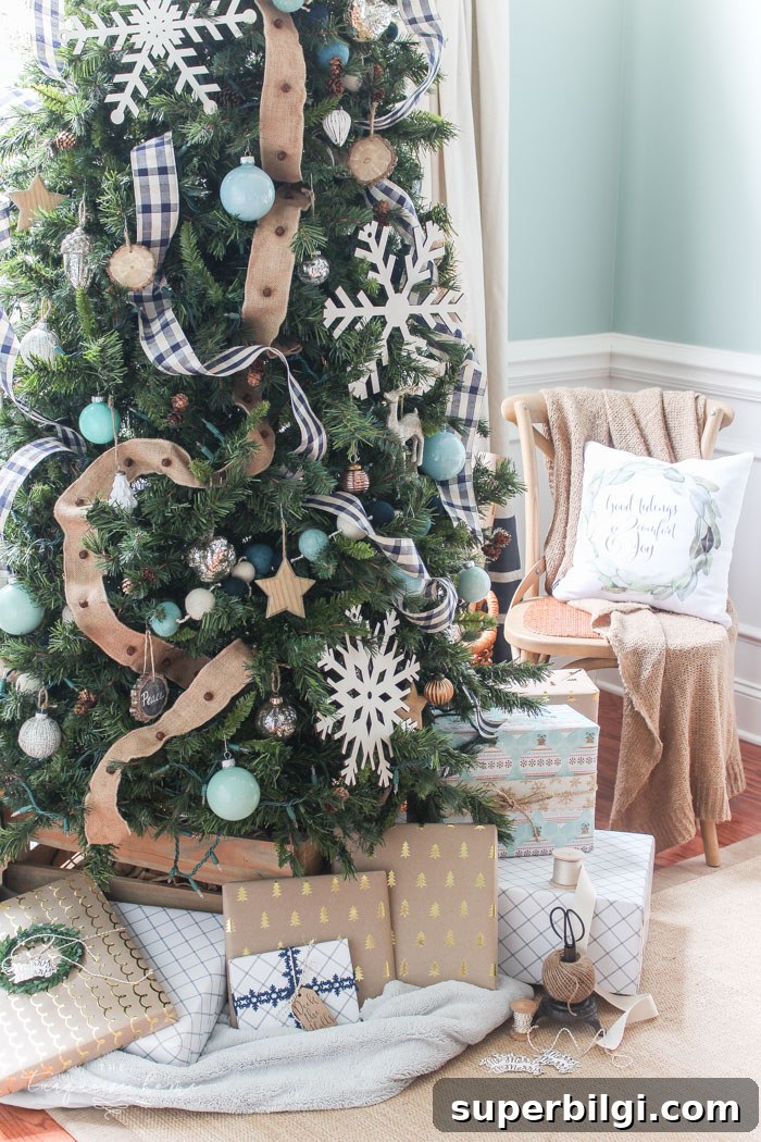 Navy Turquoise Christmas Tree Styled with Buffalo Check Ribbon 8 Navy Buffalo Check and Turquoise Christmas Tree