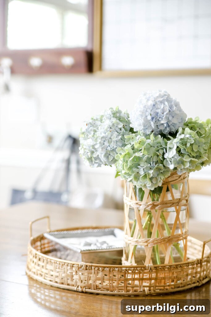 How to Declutter Your Home in 5 Practical Steps 4 Woven Tray and Vase filled with Hydrangeas