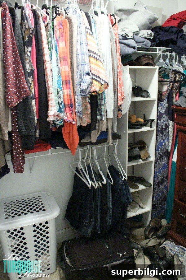 Closet Organization Systems: Day 23 of 30-Day Declutter Plan 6 Decluttering the Master Closet using the KonMari method | Details at TheTurquoiseHome.com