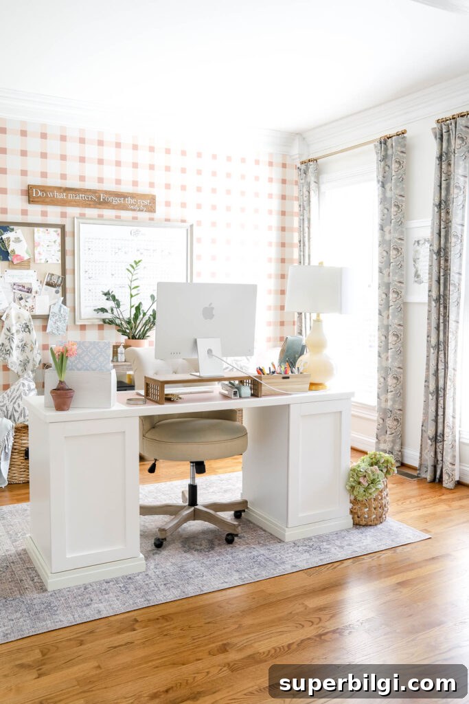 Organize a Home With No Storage: Space-Saving Solutions 5 pink and white office with floating desk.