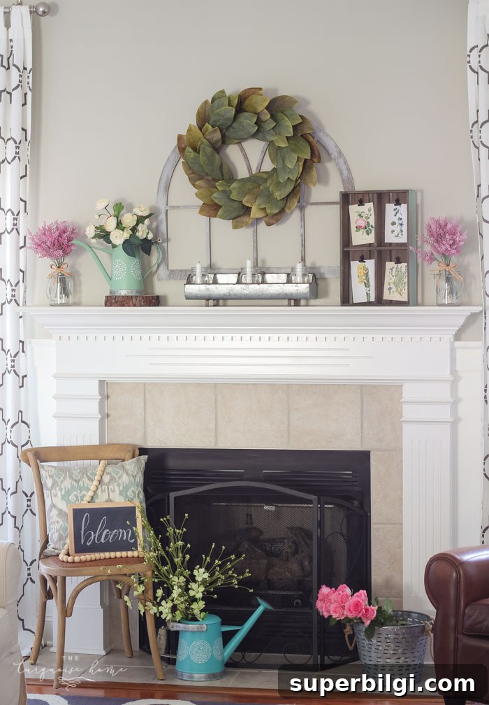 Isn't this just the prettiest pink and turquoise mantel?! Simple Floral Spring Mantel