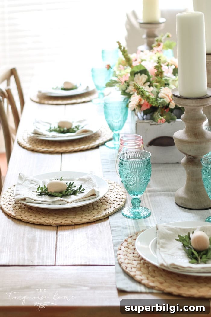 Spring Tablescape and Entryway Decor Ideas 2 Spring tablescape with wooden eggs and pink jars on farmhouse table
