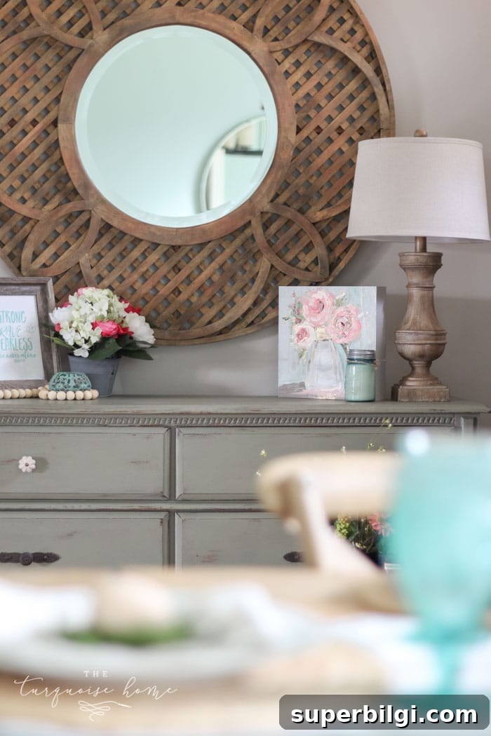 Spring Tablescape and Entryway Decor Ideas 5 Entryway table styled with Laurel Browning art and spring decor accents