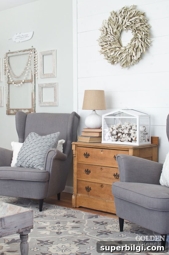 10 Farmhouse Living Room Ideas to Inspire Your Decor 4 A Rustic, Neutral Living Room from Golden Sycamore | 10 Stunning Farmhouse Living Rooms