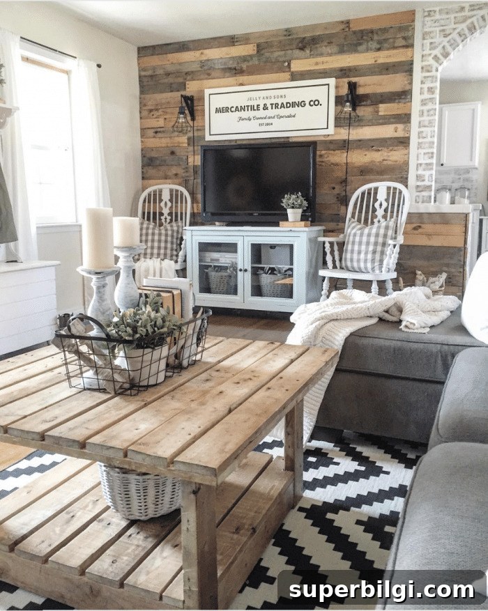 10 Farmhouse Living Room Ideas to Inspire Your Decor 5 A Natural Wood Farmhouse Living Room from The Rustic Pallet | 10 Stunning Farmhouse Living Rooms