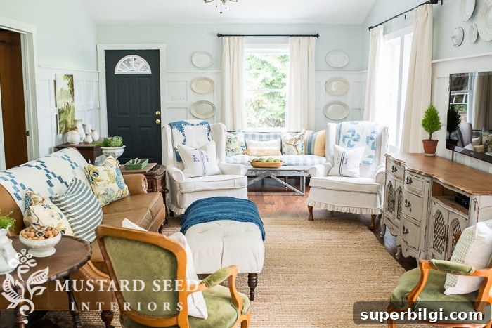 10 Farmhouse Living Room Ideas to Inspire Your Decor 9 A Simple Blue & Green Living Room from Miss Mustard Seed | 10 Stunning Farmhouse Living Rooms