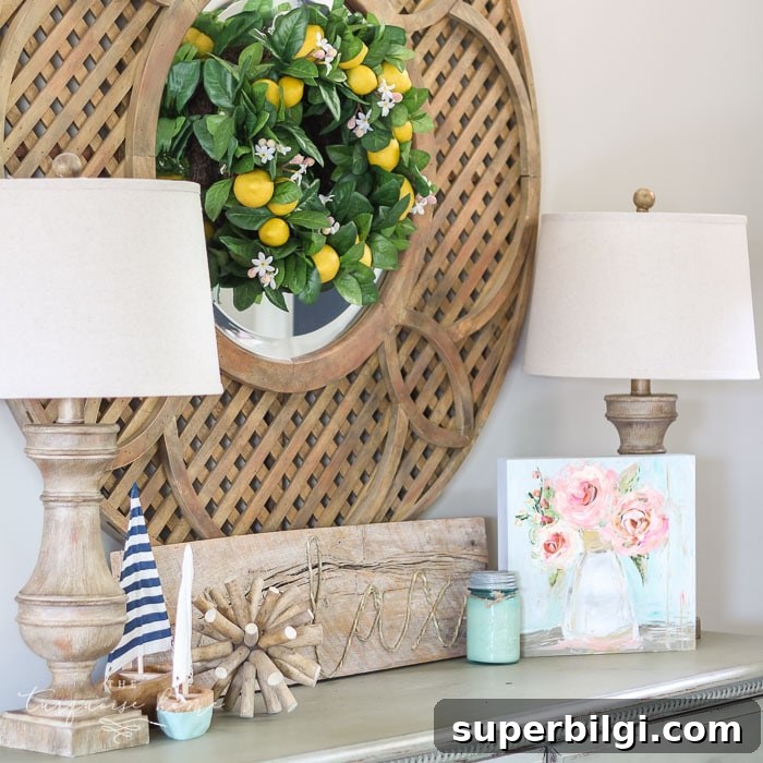 Coastal Summer Mantel Decorating Ideas 12 Cute Lemon Wreath and Summer Entry Way