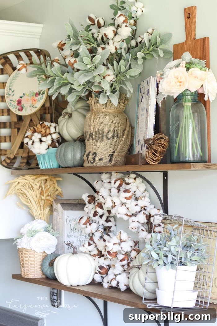 Neutral Fall Entryway and Kitchen Decor Ideas 2 Cute, cute, cute!! Adorable fall farmhouse kitchen shelves ...